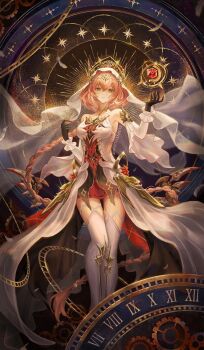  1girl alternate_costume artist_name braid breasts bunnyhopart collarbone commentary detached_sleeves english_commentary feathers gears hair_between_eyes highres ishmael:_parhelion_(pgr) ishmael_(pgr) large_breasts long_hair low-braided_long_hair low-tied_long_hair official_alternate_costume pink_hair punishing:_gray_raven roman_numeral see-through_clothes see-through_veil single_braid solo sunburst sunburst_background veil 