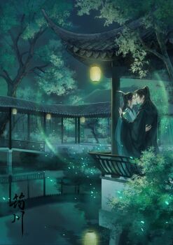  2boys absurdres architecture arm_around_waist black_hair black_hanfu chinese_clothes closed_eyes column commentary_request curtained_hair east_asian_architecture green_hanfu half_updo hand_on_another's_back hanfu high_ponytail highres kabedon kiss lantern lattice lens_flare light_particles long_hair long_sleeves luo_binghe male_focus multiple_boys night outdoors parted_bangs pillar ponytail reflection renzha_fanpai_zijiu_xitong ribboned_xiao_guan scenery shen_qingqiu sidelocks signature standing tile_roof tree variant_set veranda water wide_shot wide_sleeves yaoi yunchuan_1013 