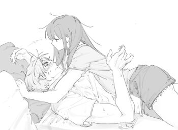  1boy 1girl artist_request assertive_female blush greyscale hetero lying lying_on_person monochrome on_back on_stomach original shorts  rating:Sensitive score:1 user:Hullyen