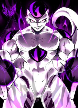  1boy absurdres aura character_name colored_skin commentary cowboy_shot dragon_ball dragonball_z english_commentary evil_grin evil_smile frieza full_power_frieza grin highres looking_at_viewer male_focus multicolored_skin muscular muscular_male purple_aura purple_background purple_eyes purple_skin sanpaku smile solo st41nn tsurime two-tone_skin white_skin 