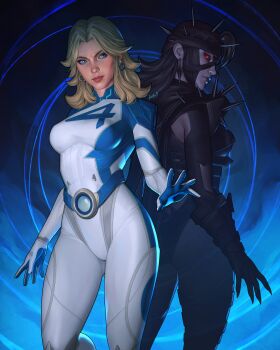  2girls absurdres armor back-to-back black_hair blonde_hair blue_eyes bodysuit clip_studio_paint_(medium) commentary dalejomej earrings english_commentary fantastic_four gloves highres hoop_earrings jewelry lips lipstick looking_at_viewer looking_to_the_side makeup malice_(sue_storm) marvel marvel_rivals multicolored_bodysuit multiple_girls open_hand open_hands parted_bangs pauldrons realistic red_eyes shoulder_armor simple_background spandex spiked_armor spiked_helmet spiked_pauldrons spikes sue_storm superhero_costume toned two-tone_bodysuit white_bodysuit 