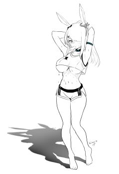  1girl absurdres animal_ears arknights armpits arms_up barefoot breasts choker commentary crop_top crop_top_overhang cropped_shirt dolphin_shorts dripping english_commentary food frostnova_(arknights) full_body gladius_pvp hair_ornament hair_over_one_eye hairclip hatching_(texture) heart highres ice_cream infection_monitor_(arknights) large_breasts legs linear_hatching long_hair looking_at_viewer monochrome mouth_hold navel one_eye_covered presenting_armpit rabbit_ears rabbit_girl rhodes_island_logo_(arknights) shadow shirt short_shorts shorts signature simple_background sleeveless sleeveless_shirt solo spot_color standing stomach sweat thighs underboob white_background  rating:Questionable score:9 user:danbooru
