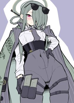  1girl absurdres belt black_gloves blue_archive blush braid breasts chest_harness coat coat_on_shoulders commentary covered_groin covered_navel cowboy_shot dragon_print dress_shirt eyewear_on_head from_below gloves gluteal_fold green_hair green_halo green_scarf grey_coat grey_necktie grey_pants hair_over_one_eye hair_rings halo hand_on_own_hip harness high-waist_belt high-waist_pants highres impossible_pants long_hair looking_at_viewer looking_down magazine_(weapon) medium_breasts mina_(blue_archive) necktie pants pinstripe_pattern pouch print_scarf red_eyes scarf shirt shirt_tucked_in single_braid small_sweatdrop solo striped_coat sunglasses thigh_harness thigh_pouch ujigi vertical-striped_coat white_shirt 