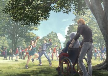  6+boys 6+girls :d absurdres artist_request ayuhara_natsu black_hair blonde_hair boman_delgado brown_hair everyone fingerless_gloves gloves grass grin hairband headband hibiki_ran highres zaki_(justice_gakuen) ichimonji_batsu iinchou_(justice_gakuen) imawano_hyo imawano_raizo isurugi_gan justice_gakuen kagami_kyosuke karuizawa_momo katana kazama_akira kazama_daigo kirishima_yurika long_hair minazuki_kyoko multiple_boys multiple_girls namikawa_nagare nekketsu_hayato non-web_source one_eye_closed open_mouth orange_hair outdoors ponytail red_gloves red_hair red_hairband roberto_miura roy_bromwell sawamura_shoma school_uniform sheath sheathed shimazu_hideo short_hair smile spiked_hair sword tiffany_lords tree twintails wakaba_hinata weapon wheelchair white_hair white_headband edge_(justice_gakuen) 