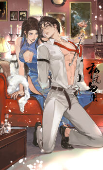  1boy 1girl abs absurdres arm_strap belt belt_buckle black_shoes blue_dress blue_eyes blue_nails breast_cutout breasts brown_hair buckle candle candlelight candlestand china_dress chinese_clothes closed_mouth collared_shirt couch couple dress earrings eyelashes fingernails fire full_body fur_shawl glasses hetero highres holding holding_smoking_pipe indoors jewelry kneeling light_particles lips liubai_615 long_hair looking_at_another medium_breasts nail_polish navel necktie on_couch open_belt original pants parted_bangs parted_lips partially_unbuttoned pectorals picture_frame shawl shirt shoes sitting smile smoking_pipe white_pants white_shawl white_shirt 