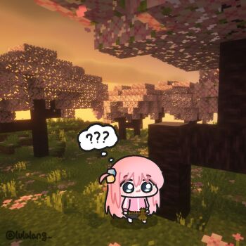  1girl ? ?? axe black_skirt blue_eyes bocchi_the_rock! chibi chibi_only closed_mouth confused gotoh_hitori highres holding holding_axe jacket long_hair looking_at_viewer lulalang minecraft minecraft_axe one_side_up outdoors pink_hair pink_jacket skirt solo speech_bubble spoken_question_mark sunset thought_bubble tree wide_shot 