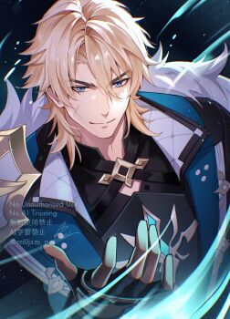  1boy absurdres armor artist_name black_shirt blonde_hair blue_eyes closed_mouth coat commentary_request energy facial_scar fur-trimmed_coat fur_trim gauntlets genshin_impact hair_between_eyes hand_up highres lapels light_particles looking_at_viewer male_focus open_clothes open_coat parted_bangs pauldrons rei_(usabiba) scar scar_on_cheek scar_on_face scar_on_neck shirt short_hair shoulder_armor signature single_pauldron smile solo split_mouth thick_eyebrows twitter_username upper_body v-shaped_eyebrows varka_(genshin_impact) watermark 