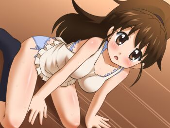 1girl apron awa blush bra breasts brown_eyes brown_hair female_focus frilled_bra frilled_panties frills long_hair looking_at_viewer looking_up panties ponytail sitting socks solo sweat taneshima_popura underwear waitress wariza working!! rating:Questionable score:30 user:internetlovemachine