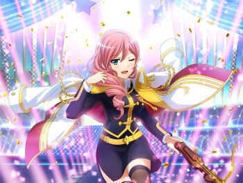  1girl black_jacket black_skirt bow_(weapon) brown_thighhighs confetti crossbow drill_hair game_cg green_eyes hair_over_shoulder holding holding_crossbow holding_weapon jacket jacket_on_shoulders long_hair long_sleeves looking_at_viewer official_art one_eye_closed open_mouth pencil_skirt pink_hair shoujo_kageki_revue_starlight shoujo_kageki_revue_starlight_-re_live- skirt solo stage_lights thighhighs tsuruhime_yachiyo upper_body weapon white_jacket 