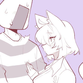  1boy 1girl animal_ear_fluff animal_ears breasts cat_ears cat_girl cat_tail cocomayo29_(tomato) collared_shirt commentary_request hand_on_another's_chest hololive korean_commentary large_breasts nekomata_okayu nervous_sweating onigirya_(nekomata_okayu) purple_background shirt sweat tail virtual_youtuber 