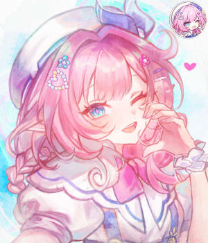  1girl ;o beret blue_eyes chibi chibi_inset chiyori08 cyrene_(aedes_elysiae)_(honkai:_star_rail) cyrene_(honkai:_star_rail) cyrene_(keeping_promise)_(honkai:_star_rail) half-heart_hands hat heart highres honkai:_star_rail honkai_(series) looking_at_viewer meme official_alternate_costume one_eye_closed pink_hair shirt short_hair solo upper_body white_shirt 