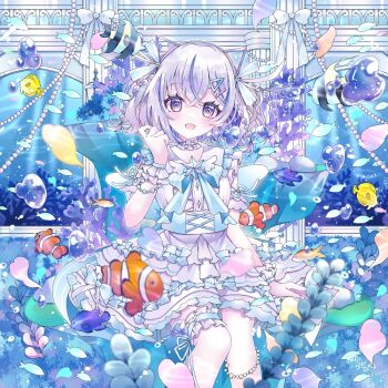  1girl :d animal_ear_hairband animal_ears aoi_yugina blue_hair blue_ribbon blurry blush cat_ear_hairband cat_ears caustics colored_inner_hair commentary_request depth_of_field dress fake_animal_ears fish frilled_dress frilled_thigh_strap frills grey_hair hair_between_eyes hair_ornament hair_ribbon hairband hairclip iriam looking_at_viewer miria_(iriam) multicolored_hair official_art open_mouth purple_eyes ribbon sitting smile solo streaked_hair thigh_strap triangle_hair_ornament water_drop white_dress white_ribbon 
