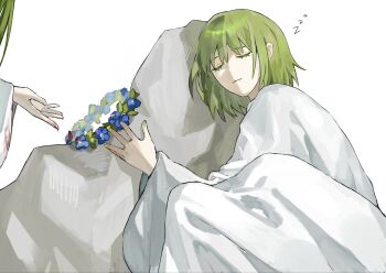  1other absurdres blood blood_on_clothes blood_on_hands closed_mouth commentary_request enkidu_(fate) eyelashes fate/grand_order fate_(series) green_hair head_wreath highres korean_commentary long_hair robe short_hair sleeping time_paradox white_robe yammu zzz 