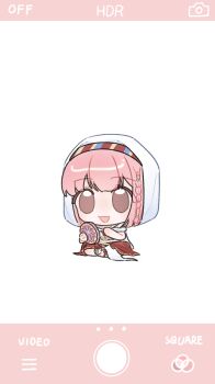  1girl bare_arms beads braid brown_eyes brown_sandals chinese_commentary cloak commentary_request fake_phone_screenshot fake_screenshot hair_beads hair_ornament hair_tubes happy highres holding holding_instrument hood hood_up hooded_cloak infinity_nikki instrument knees_apart_feet_together layered_skirt long_skirt looking_at_viewer medium_hair midriff nikki_(nikki) nikki_(series) open_mouth pink_hair purifying_wind_(infinity_nikki) red_skirt sandals shirt side_braid single_braid sitting skirt sky sleeveless sleeveless_shirt smile solo tambourine tareme transparent_background white_cloak white_shirt white_skirt xianmaobuchiyu 