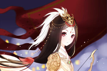  1girl armor beads black_hair blue_sky bow_(weapon) chinese_clothes circlet closed_mouth cloud commentary_request dot_nose embers expressionless eyelashes eyeshadow facial_mark feather_hair_ornament feathers flag floating_hair forehead forehead_mark frostwind_of_tiger_(miracle_nikki) frown hair_beads hair_ornament hanfu holding holding_bow_(weapon) holding_weapon light_blush light_particles long_hair looking_at_viewer low-tied_long_hair makeup miqing miracle_nikki night nikki_(series) outdoors pauldrons pink_eyes red_eyeshadow shoulder_armor sky solo upper_body very_long_hair weapon white_hanfu wind 