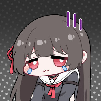  1girl black_choker black_hair black_shirt chibi chibi_only chisa_(wuthering_waves) choker closed_mouth commentary dotted_background hair_ribbon long_hair looking_at_viewer neckerchief red_eyes red_neckerchief red_ribbon ribbon sailor_collar shirt solo symbol-only_commentary tearing_up twomoon upper_body white_sailor_collar wuthering_waves 