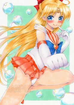 1girl aino_minako bishoujo_senshi_sailor_moon blonde_hair blue_eyes blush bow breasts bubble gloves large_breasts leotard leotard_peek long_hair magical_girl miniskirt red_bow sailor_venus sample_watermark skirt super_sailor_venus very_long_hair watermark yoshidapeso