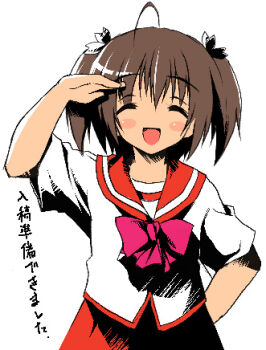 00s 1girl ahoge arm_behind_back blush brown_hair closed_eyes female_focus kantoku lowres open_mouth salute school_uniform serafuku simple_background skirt solo to_heart_(series) to_heart_2 two_side_up white_background yuzuhara_konomi rating:Questionable score:0 user:danbooru