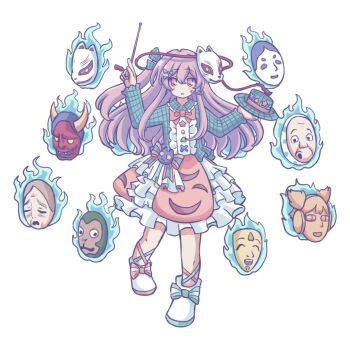  1girl aqua_shirt arm_up drumsticks fox_mask full_body hair_ribbon hannya hashtag-only_commentary hat hata_no_kokoro headset highres holding holding_drumsticks holding_unworn_clothes holding_unworn_hat hyottoko_mask ko-omote_mask long_hair long_sleeves mask mask_on_head monkey_mask new_mask_of_hope noh_mask pink_eyes pink_hair plaid_clothes plaid_hat plaid_shirt ribbon shirt shoes silverrain simple_background solo touhou unworn_hat unworn_headwear white_background white_shoes 