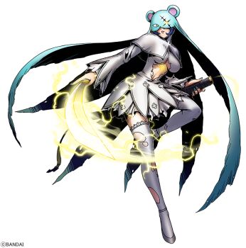  1girl blue_hair breasts clothing_cutout covered_eyes digimon digimon_(creature) dress electricity full_body glowing glowing_eyes glowing_tattoo habit holding holding_sword holding_weapon katana large_breasts nail_polish navel nun official_art simple_background sistermon_ciel sistermon_ciel_(awaken) solo stomach_cutout stomach_tattoo sword tattoo thighhighs torn_clothes torn_dress weapon white_background white_dress white_thighhighs  rating:Sensitive score:7 user:danbooru