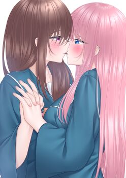  2girls absurdres blue_eyes blue_sailor_collar blue_shirt blush brown_hair commentary_request eye_contact food highres holding_hands interlocked_fingers lino_(lilyparty07) long_hair looking_at_another multiple_girls original pink_hair pocky pocky_day pocky_kiss purple_eyes sailor_collar school_uniform serafuku shared_food shirt simple_background white_background yuri 