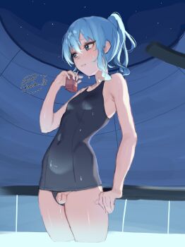  1girl absurdres aqua_hair ayeon blue_eyes breasts clothing_aside covered_navel drink_carton flaccid futanari highres hololive hoshimachi_suisei juice_box night penis ponytail school_swimsuit small_breasts small_penis solo swimsuit swimsuit_aside testicles virtual_youtuber 