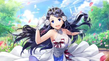  1girl alternate_costume bare_shoulders blue_eyes blue_hair castle collarbone dress female_focus flower gloves hair_flower hair_ornament highres looking_at_viewer non-web_source official_art open_mouth outdoors petals pointing senna_(valkyrie_connect) solo teeth tree upper_teeth_only valkyrie_connect white_dress white_gloves  rating:Sensitive score:1 user:ZenebasFury