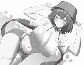 1girl absurdres adjusting_clothes adjusting_headwear alternate_breast_size_(larger) alternate_costume arms_up bikini bikini_under_clothes blush breasts cleavage closed_mouth commentary cowboy_shot english_commentary girls'_frontline girls'_frontline_2:_exilium greyscale hat highleg highleg_bikini highres huge_breasts looking_at_viewer lotta_(girls'_frontline_2) monochrome navel rynzfrancis shirt short_shorts shorts sketch smile solo stomach swimsuit thighs twitter_username 