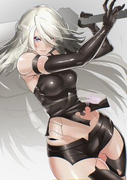  1girl a2_(nier:automata) absurdres android armpit_crease bare_shoulders black_gloves black_shirt black_shorts black_thighhighs blue_eyes breasts closed_mouth commentary cowboy_shot elbow_gloves english_commentary fighting_stance fukou gloves gradient_background grey_hair highres holding holding_sword holding_weapon joints long_hair looking_at_viewer medium_breasts midriff_peek nier:automata nier_(series) robot_joints shirt shorts signature sleeveless sleeveless_shirt solo sword thighhighs thighs torn_clothes torn_shirt torn_thighhighs weapon 