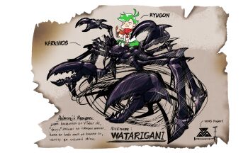  1boy alpha_transparency ark_survival_evolved bandana commentary_request crab daimonji_ryugon food food_on_face green_hair green_pants highres male_focus monster onpa_(onpa_sound) pants red_bandana romaji_text shoes short_hair sitting sneakers translation_request virtual_youtuber voms 