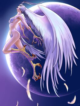  1girl 2024 absurdres artist_name bird_girl bird_legs bird_tail bird_wings blue_eyes breasts censored claws commentary_request commission dated devilman falling_feathers feather_tail feathered_wings feathers flying from_side full_body fusion head_wings highres makimura_miki medium_breasts misogram moon open_mouth pixiv_commission sharp_teeth sirene_(devilman) solo space star_(sky) tail teeth white_feathers white_hair wings 