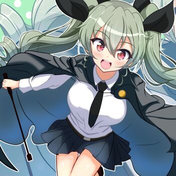  1girl adapted_costume anchovy_(girls_und_panzer) anzio_school_uniform bare_legs belt belt_buckle black_belt black_cape black_ribbon blue_skirt breasts buckle cape collared_shirt drill_hair girls_und_panzer gratin_(kumaisao) green_hair hair_ribbon highres long_hair long_sleeves looking_at_viewer no_legwear red_eyes ribbon school_uniform shirt skirt smile twin_drills twintails white_shirt 