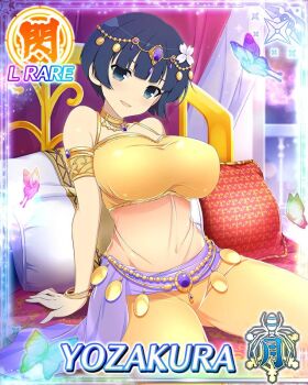  1girl arabian_clothes blue_eyes blue_hair border bowl_cut bracelet breasts bug butterfly card_(medium) character_name crop_top flower game_cg gem gold_armband gold_choker hair_flower hair_ornament harem_pants head_chain head_tilt insect jewelry large_breasts leaning_back looking_at_viewer navel official_art on_bed open_mouth pants pillow purple_gem purple_sash sash see-through_clothes see-through_midriff senran_kagura senran_kagura_new_wave short_hair sitting smile solo tank_top third-party_source yellow_tank_top yozakura_(senran_kagura) 