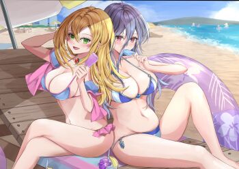 2girls :d absurdres beach beach_umbrella bikini blonde_hair blush_stickers breasts cleavage dark_magician_girl duel_monster food food_in_mouth green_eyes grey_hair hair_between_eyes highres holding holding_food holding_popsicle innertube large_breasts long_bangs long_hair looking_at_viewer misakura_aoi multiple_girls navel ocean open_mouth people popsicle popsicle_in_mouth red_eyes sand side-tie_bikini_bottom silent_magician smile swim_ring swimsuit umbrella yu-gi-oh! rating:Sensitive score:12 user:danbooru