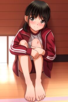  1girl barefoot black_hair blush brown_eyes buruma door gym gym_uniform hugging_own_legs jacket long_sleeves looking_at_viewer low_twintails matsunaga_kouyou open_clothes open_jacket original red_buruma red_jacket shirt short_hair sitting smile track_jacket twintails white_shirt 