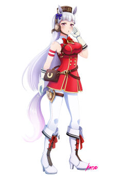  1girl absurdres animal_ears armband blunt_bangs blush boots bow bowtie breasts brown_hat commentary_request dress ear_bow ear_ribbon full_body gloves gold_ship_(red_strife)_(umamusume) gold_ship_(umamusume) grey_hair hat highres horse_ears horse_girl horse_tail konsu_(konsu1182da) large_breasts leggings long_hair looking_at_viewer pantyhose parted_lips pillbox_hat purple_bow purple_eyes red_bow red_bowtie red_dress simple_background sleeveless sleeveless_dress solo striped_armband striped_clothes tail thigh_strap umamusume white_background white_boots white_gloves white_leggings white_pantyhose 