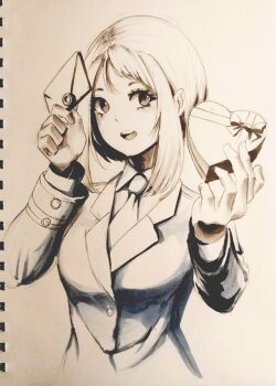  1girl blush boku_no_hero_academia box breasts dress_shirt envelope female_focus heart-shaped_box highres long_hair looking_at_viewer medium_breasts monochrome necktie original school_uniform shirt sidelocks simple_background solo standing uraraka_ochako valentine victr_(pixiv16675324) white_background  rating:Sensitive score:2 user:Zero3K15