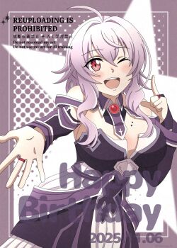  1girl ;d ahoge breasts churuo_(user_zrtr4748) cleavage dated dress hair_between_eyes happy_birthday highres index_finger_raised jewelry large_breasts long_sleeves looking_at_viewer medium_hair one_eye_closed open_mouth outstretched_hand purple_dress purple_hair red_eyes ring smile solo strea_(sao) sword_art_online teeth upper_teeth_only 