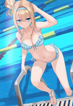  1girl arm_behind_head armpit_crease bare_arms bare_legs bare_shoulders bikini black_eyeliner blue_bikini blue_eyes blue_hairband blue_sandals blue_shoes blush breasts cleavage closed_mouth collarbone commentary dot_nose dutch_angle english_commentary eyelashes eyeliner feet frilled_bikini frills front-tie_bikini_top front-tie_top girls'_frontline girls'_frontline_2:_exilium hair_bun hair_ornament hair_over_shoulder hairband halterneck hand_on_own_head hand_on_railing highres legs light_blush looking_at_viewer makeup navel official_alternate_costume official_alternate_hairstyle partially_submerged plunplun pool pool_ladder poolside rabbit_ear_footwear railing sandals shadow shiny_skin shoes single_hair_bun snowflake_hair_ornament solo spaghetti_strap stomach suomi_(girls'_frontline) suomi_(girls'_frontline_2) suomi_(midsummer_pixie)_(girls'_frontline) swimsuit thighs toenails toes water wet 