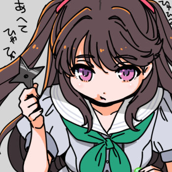  1girl :t brown_hair closed_mouth collarbone commentary_request dress fujishima_megumi green_neckerchief grey_background grey_dress hair_intakes hasu_no_sora_school_uniform holding holding_shuriken holding_weapon link!_like!_love_live! looking_at_viewer love_live! neckerchief pout purple_eyes sailor_collar sailor_dress school_uniform shinanoya_(satanicad) shuriken simple_background solo speech_bubble summer_uniform translation_request two_side_up upper_body virtual_youtuber weapon white_sailor_collar 