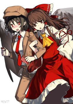  2girls :d absurdres artist_name ascot bare_shoulders black_hair black_wings blush bow brown_eyes brown_hair brown_jacket brown_shorts chinese_commentary collared_shirt commentary_request dated detached_sleeves embarrassed flat_cap frilled_bow frilled_hair_tubes frilled_skirt frills hair_between_eyes hair_bow hair_tubes hakurei_reimu hand_on_own_hip hat highres holding holding_notepad holding_pen jacket locked_arms long_hair medium_hair multiple_girls necktie notepad official_alternate_costume open_clothes open_jacket open_mouth pen pointy_ears red_bow red_eyes red_necktie red_shirt red_skirt ribbon-trimmed_sleeves ribbon_trim rryy shameimaru_aya shameimaru_aya_(newsboy) shirt shorts skirt skirt_set sleeveless sleeveless_shirt smile tie_clip touhou white_background white_shirt wings yellow_ascot yuri 