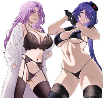  2girls acheron_(honkai:_star_rail) bikini black_bikini black_bra black_garter_belt black_garter_straps black_gloves black_panties black_thighhighs bra breasts cameltoe coat commentary covered_erect_nipples english_commentary female_pubic_hair garter_belt garter_straps gloves hand_in_pocket hat highres honkai:_star_rail honkai_(series) jade_(honkai:_star_rail) large_breasts lingerie long_hair looking_at_viewer multiple_girls navel nurse_cap panties pubic_hair pubic_hair_peek purple_eyes purple_hair saint_laurent_paris simple_background stomach swimsuit thighhighs thighs underwear very_long_hair white_background white_coat 