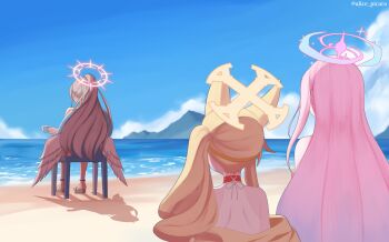  3girls absurdres alice_picaro beach blue_archive blue_sky cloud day devil_may_cry_(series) devil_may_cry_5 halo highres meme mika_(blue_archive) mika_(swimsuit)_(blue_archive) multiple_girls nagisa_(blue_archive) nagisa_(swimsuit)_(blue_archive) ocean official_alternate_costume outdoors sand seia_(blue_archive) seia_(swimsuit)_(blue_archive) sky swimsuit tea_party_(blue_archive) twitter_username vergil's_chair_(meme) 