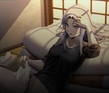  1girl adjusting_hair after_masturbation backlighting black_shirt blue_eyes blue_hair bottomless braid commentary_request fate/stay_night fate_(series) female_masturbation grabbing_own_hair hand_in_own_hair heavy_breathing highres holding holding_own_hair holding_tissue leaning_on_object light_blush long_hair masturbation medea_(caster)_(fate) medea_(casual_wear)_(fate) medea_(fate) open_mouth orange_light rasupekuto reclining shirt shouji side_braid sleeves_rolled_up sliding_doors solo spread_legs sweat tissue tissue_box upper_body window_shadow 