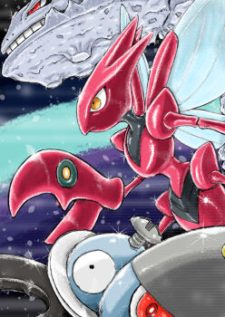  3others adversarial_noise colored_skin commentary extra_eyes fangs from_side gen_2_pokemon gen_4_pokemon grey_skin horns insect_wings koyukiyasu magnet magnezone metal_skin multiple_others nintendo no_humans pincers pokemon pokemon_(creature) red_eyes red_skin scanlines scizor screw shiny_skin sparkle steelix teeth wings yellow_eyes 