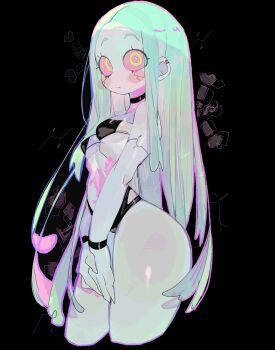  1girl bikini black_background black_bikini black_choker blue_hair blue_skin blush_stickers body_markings breasts choker closed_mouth colored_sclera colored_skin commentary cropped_legs cyberpunk:_edgerunners cyberpunk_(series) eyepatch_bikini green_eyes highres long_hair looking_at_viewer own_hands_together pink_sclera rebecca_(cyberpunk) small_breasts solo straight_hair swimsuit usa37107692 wide-eyed 