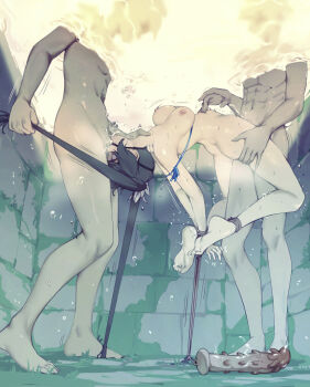  1girl 2boys absurdres arms_behind_back asphyxiation barefoot black_hair blue_eyes bound bound_arms bound_legs breasts bubble commentary dildo double_penetration drowning dungeon_ni_deai_wo_motomeru_no_wa_machigatteiru_darou_ka english_commentary feet fellatio gag gagged hestia_(danmachi) highres large_breasts long_hair looking_to_the_side multiple_boys nipples nude oral restrained ring_gag rou_(rou22) sex_toy soles solo stomach_bulge toes twintails underwater underwater_sex vaginal very_long_hair 