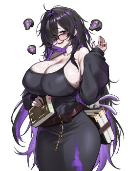  1girl absurdres bags_under_eyes bare_shoulders black-framed_eyewear black_dress black_hair blush book book_stack breasts colored_inner_hair commentary cowboy_shot dress english_commentary glasses goddess_of_victory:_nikke hair_over_one_eye highres holding holding_book huge_breasts label_(nikke) long_hair looking_at_viewer mole mole_on_breast multicolored_hair nervous_smile purple_eyes purple_hair ryno-tenki simple_background skull smile very_long_hair white_background 