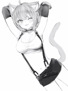 1girl absurdres ahoge animal_ear_fluff animal_ears arms_behind_head belt breasts cat_ears cat_girl cat_tail collar crop_top hair_between_eyes highres hololive large_breasts looking_at_viewer lowleg lowleg_skirt monochrome nanashi_(nlo) navel nekomata_okayu one_eye_closed open_mouth short_hair simple_background skirt solo suspenders tail upper_body virtual_youtuber white_background