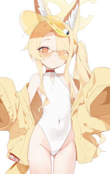  1girl absurdres animal_ear_fluff animal_ears bare_shoulders blonde_hair blue_archive chromatic_aberration closed_mouth clothing_cutout collarbone covered_navel cross_halo diamond_cutout eyes_visible_through_hair flat_chest fox_ears fox_girl fox_tail gluteal_fold groin hair_over_one_eye halo hands_up highleg highleg_one-piece_swimsuit highres jacket light_blush loli long_hair long_sleeves looking_at_viewer nihnfinite8 off_shoulder official_alternate_costume one-piece_swimsuit orange-tinted_eyewear pink_eyes revision seia_(blue_archive) seia_(swimsuit)_(blue_archive) side_ponytail sidelocks sleeves_past_wrists solo standing sunglasses swimsuit tail thighs tinted_eyewear very_long_hair visor_cap white_one-piece_swimsuit yellow_halo yellow_jacket yellow_visor  rating:Sensitive score:34 user:Rectal_Surgeon